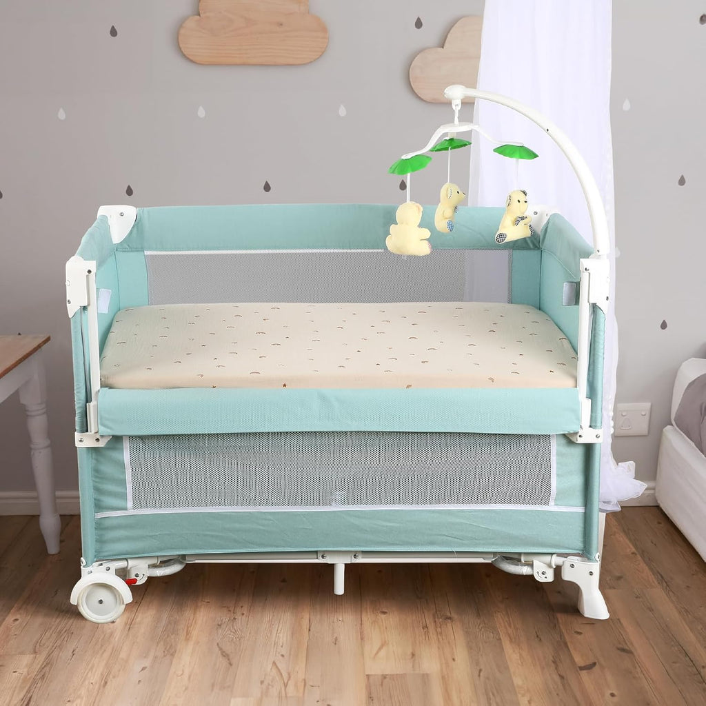 Folding Mini Metal Crib with Guard Rails | Under-Bed Storage & Locking Wheels
