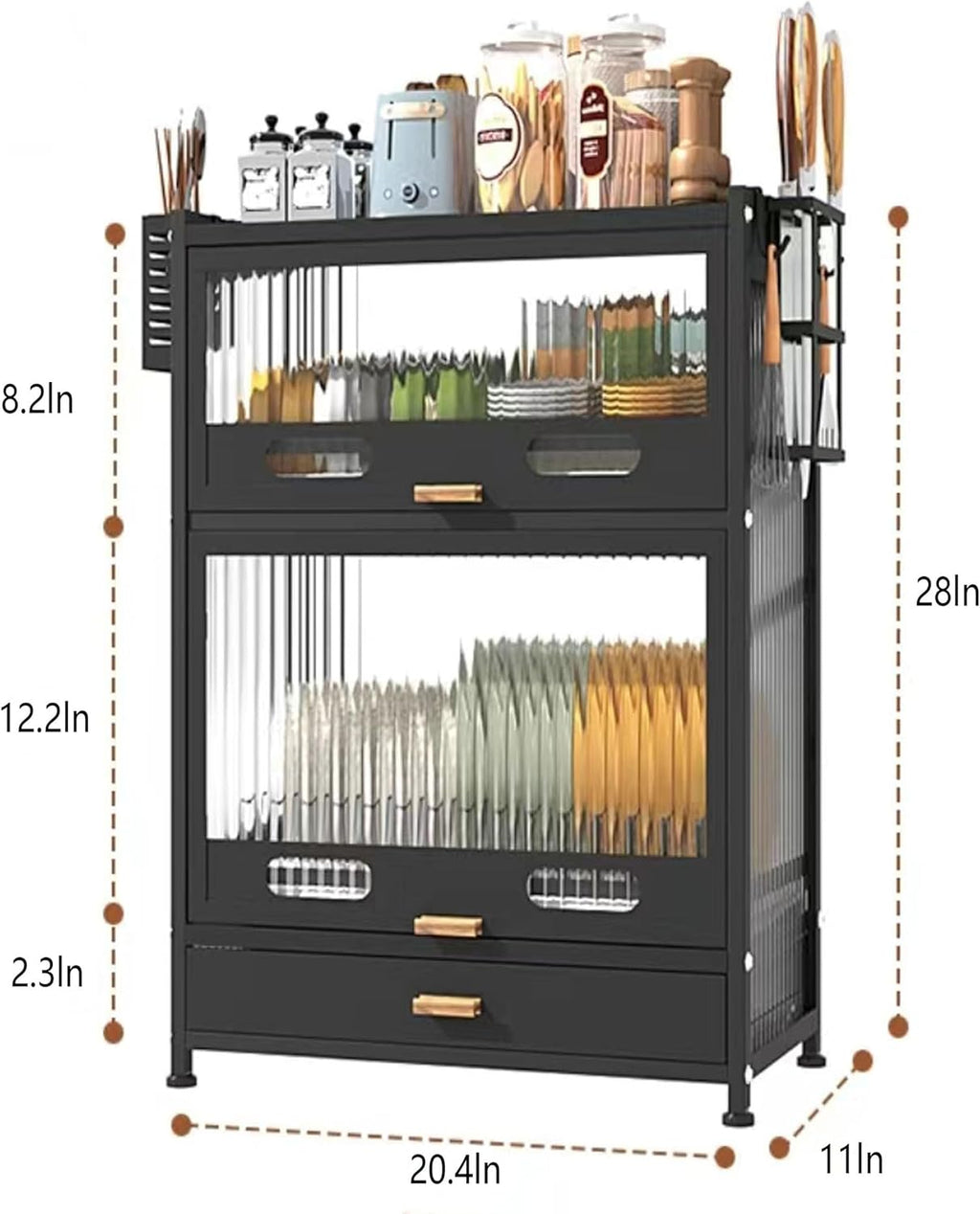 Modern Kitchen Storage Cabinet with Fluted Glass Doors & Pot Rack – Multi-Layer Metal Kitchen Organizer Cupboard