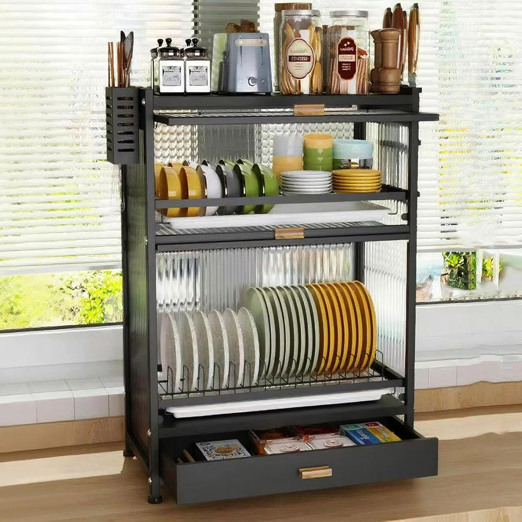 Modern Kitchen Storage Cabinet with Fluted Glass Doors & Pot Rack – Multi-Layer Metal Kitchen Organizer Cupboard