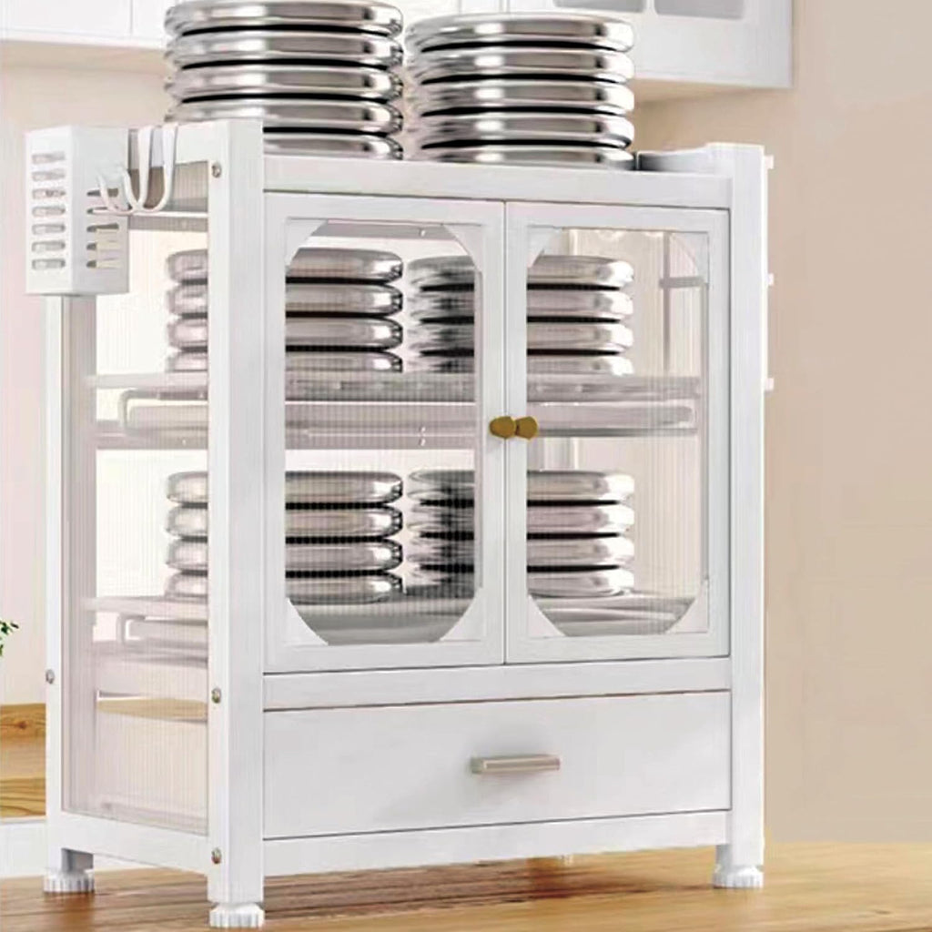 Modern Kitchen Storage Cabinet with Fluted Glass Doors & Pot Rack – Multi-Layer Metal Kitchen Organizer Cupboard