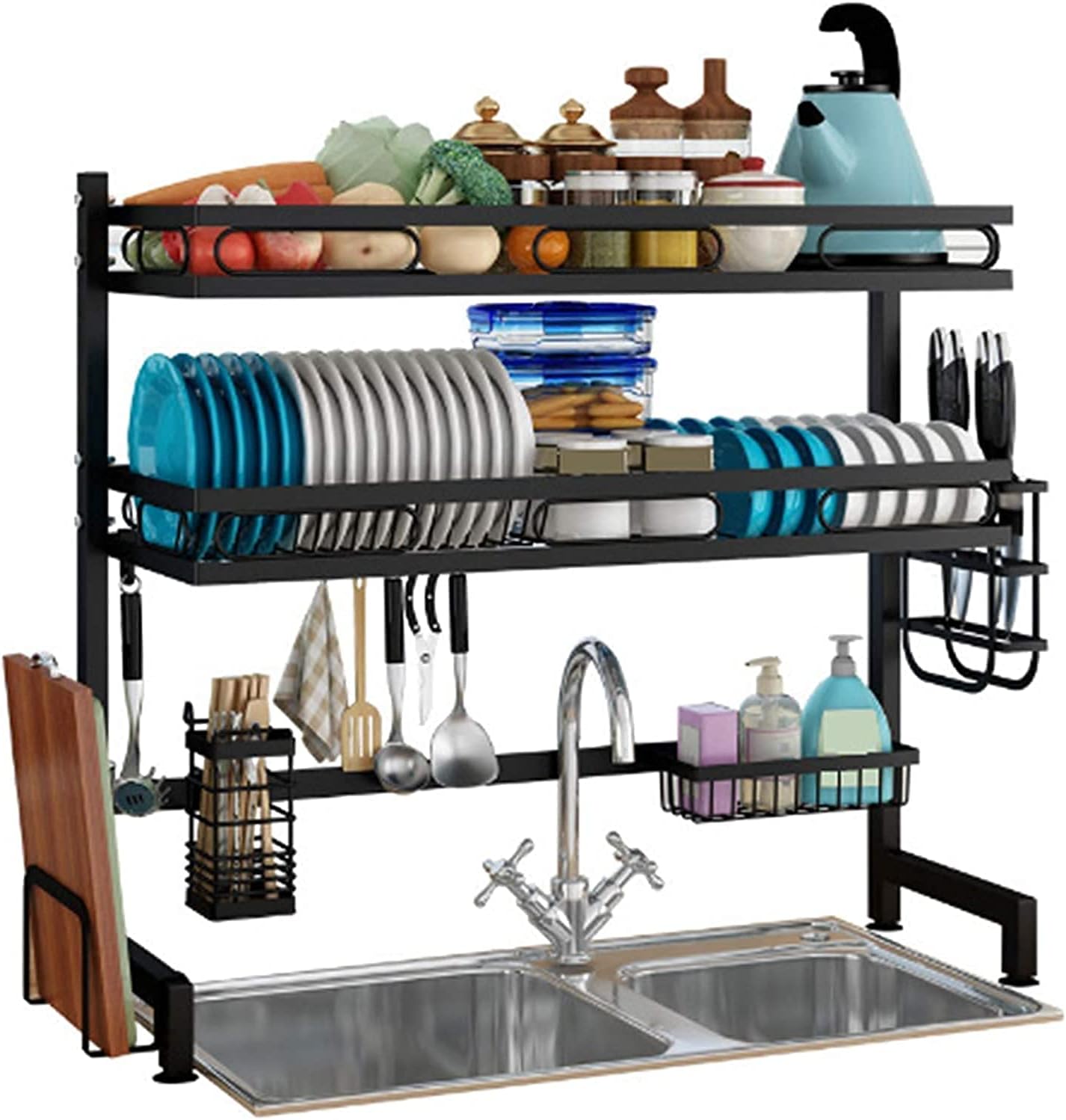 Kitchen dish rack with utensils and dishes next to a sink