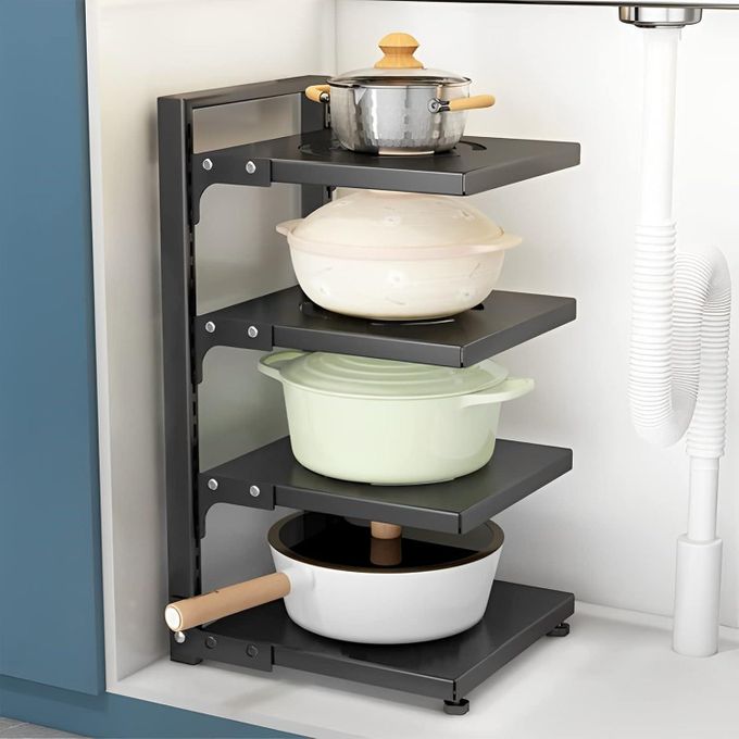 Pots and Pans Organizer Rack – Adjustable Kitchen Cabinet Storage Holder for Cookware & Lids (Heavy Duty Iron)