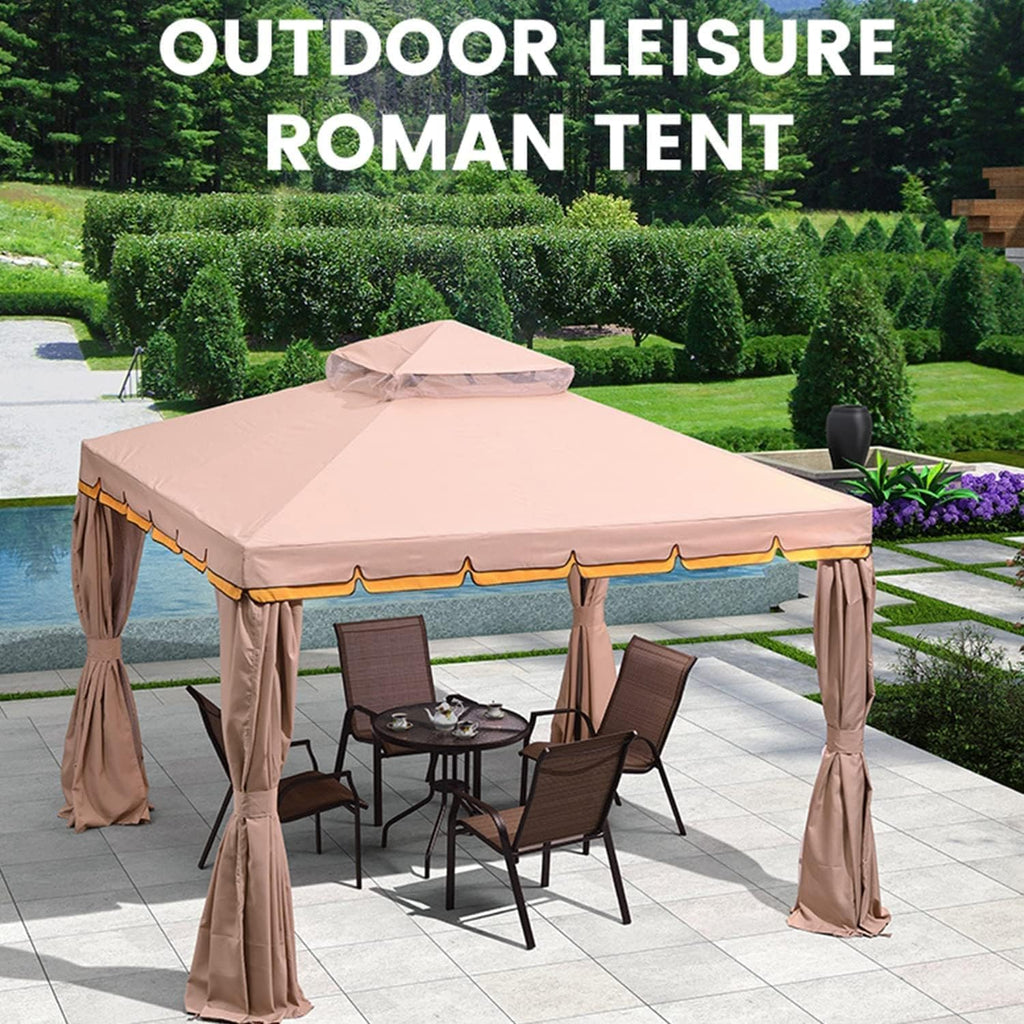 3x3m Purple Leaf Outdoor Patio Gazebo with Double Roof, Mosquito Net Curtains & Steel Frame – Waterproof Garden Party Tent (Khaki)