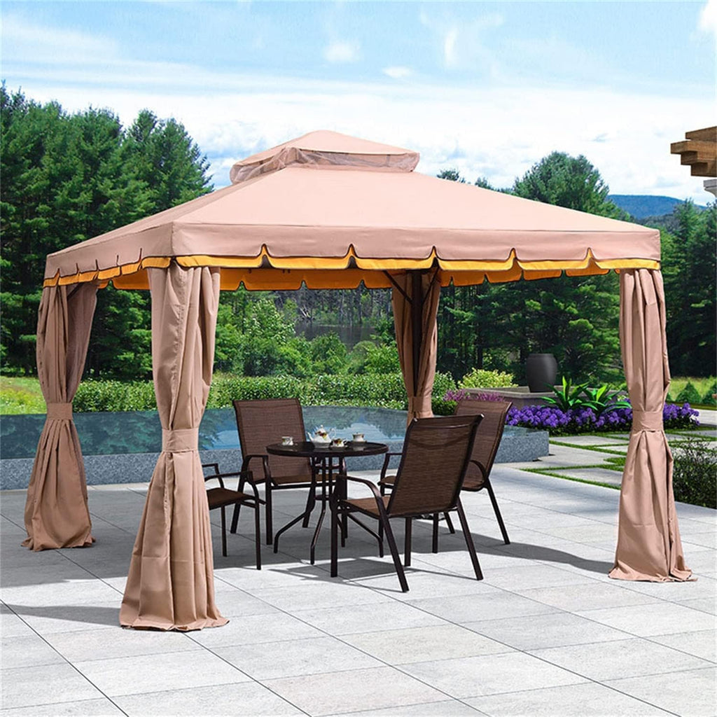 3x3m Purple Leaf Outdoor Patio Gazebo with Double Roof, Mosquito Net Curtains & Steel Frame – Waterproof Garden Party Tent (Khaki)