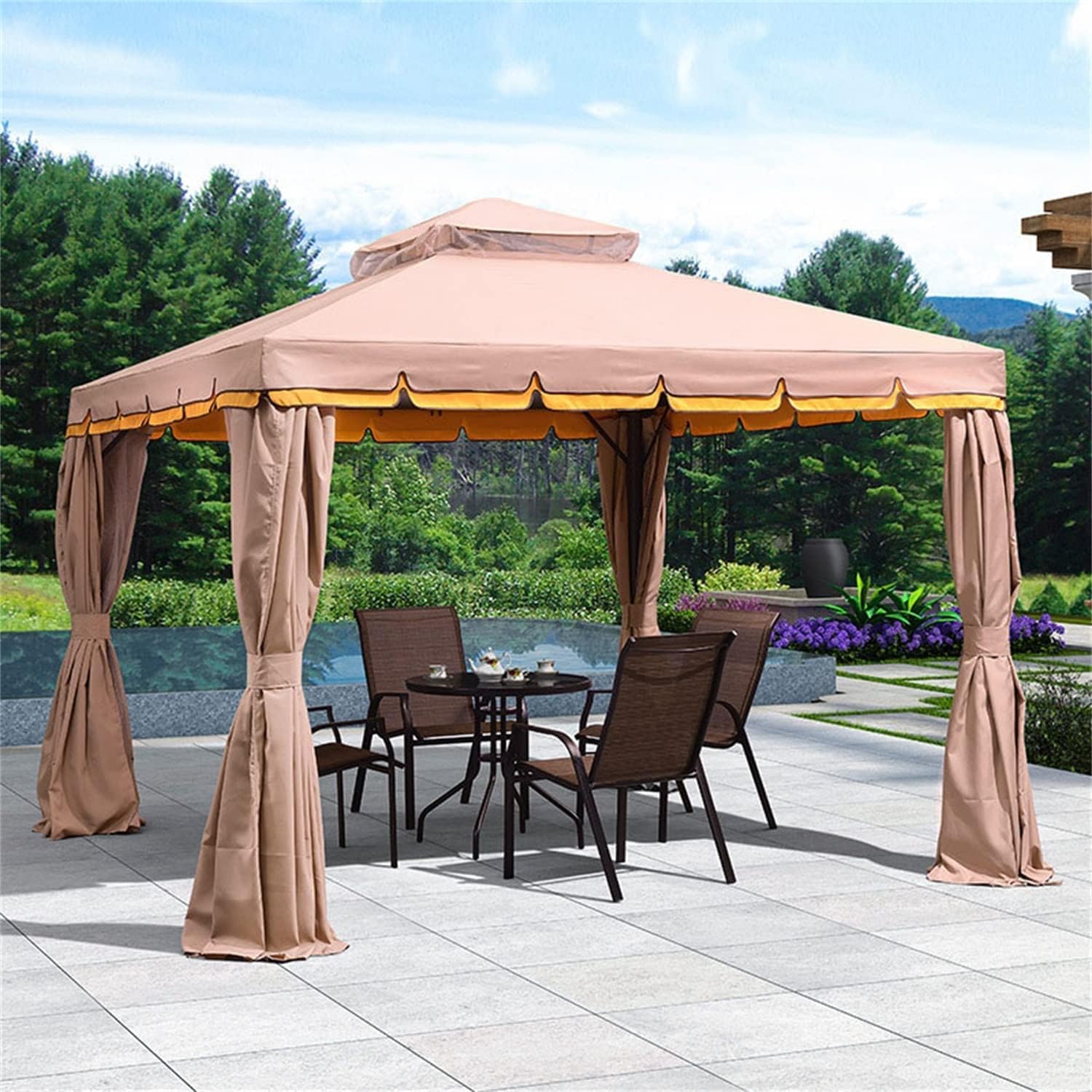 3x3m Purple Leaf Outdoor Patio Gazebo with Double Roof, Mosquito Net Curtains & Steel Frame – Waterproof Garden Party Tent (Khaki)