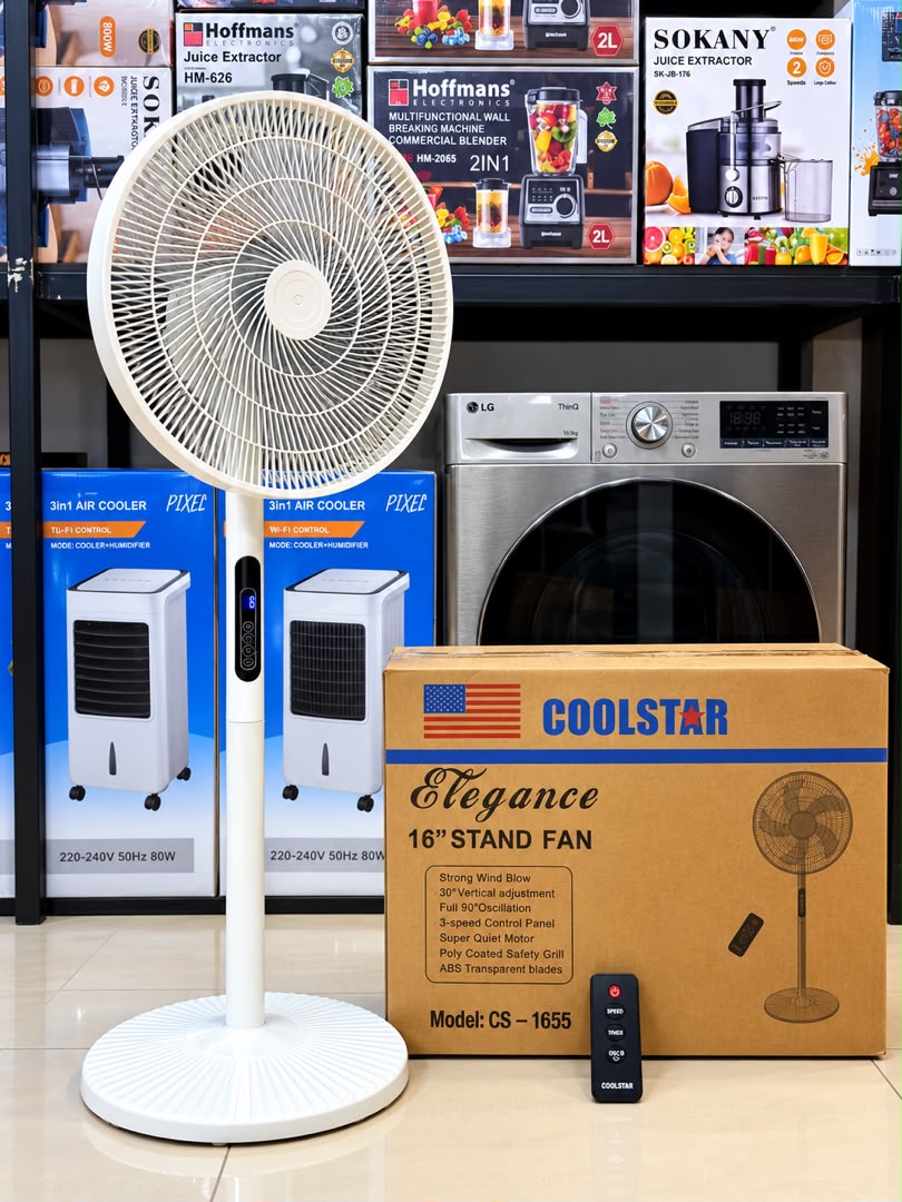Coolstar Elegance CS-1655 16-Inch Stand Fan – Remote Control, 3 Speeds & 90° Oscillation