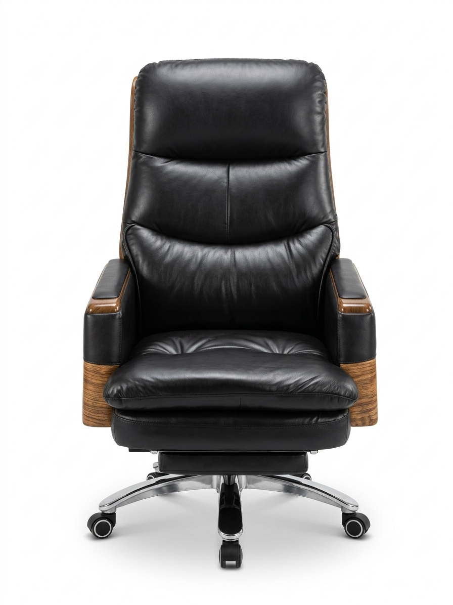 High-Back Black Leather Executive Office Chair – Wood-Grain Armrests & Polished Chrome Star Base