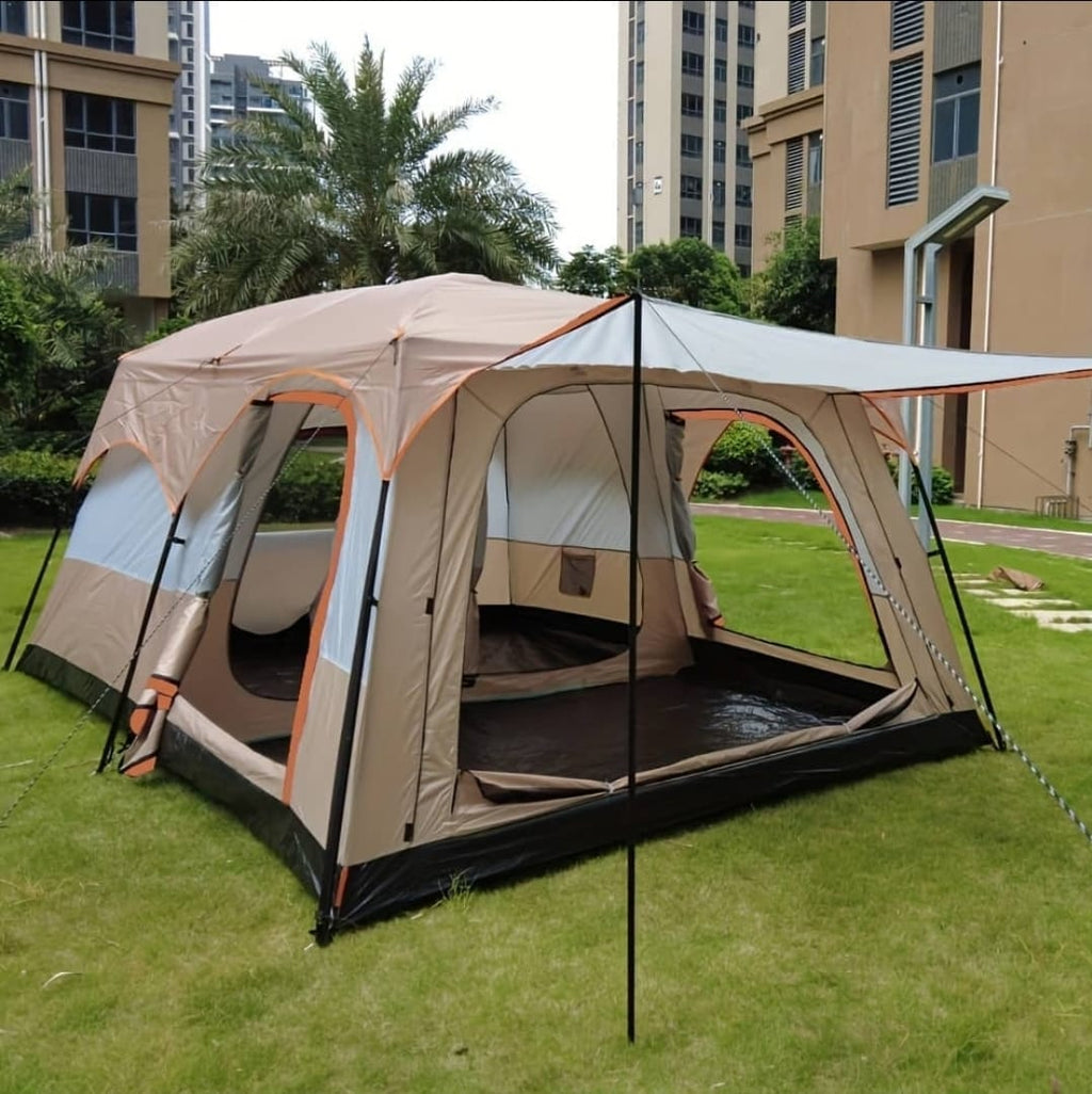 8-Person Double Room Family Camping Tent – Green & White with Large Front Canopy