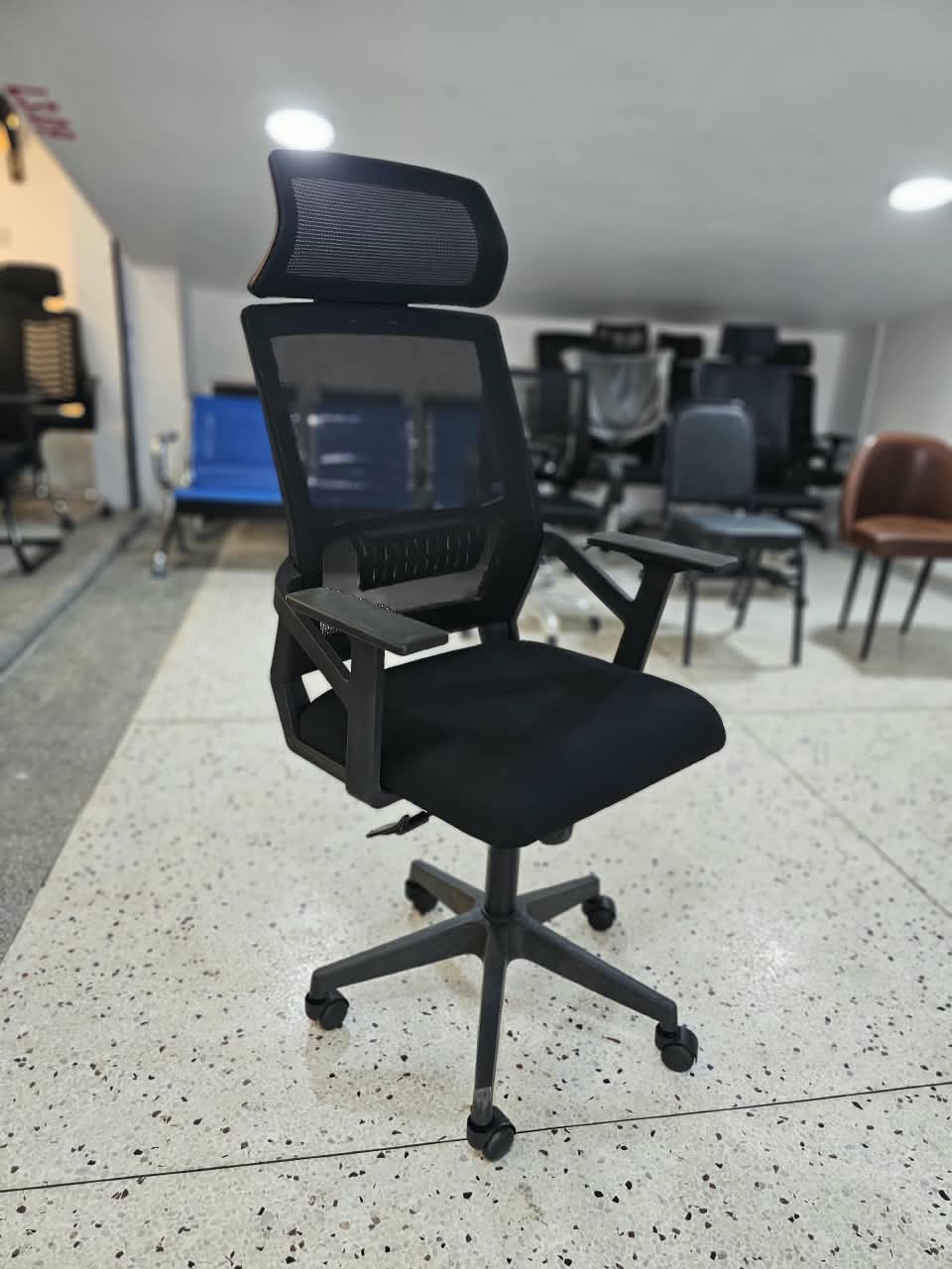 High Back Mesh Office Swivel Chair – Adjustable Headrest, Cushioned Fabric Seat & Nylon Base