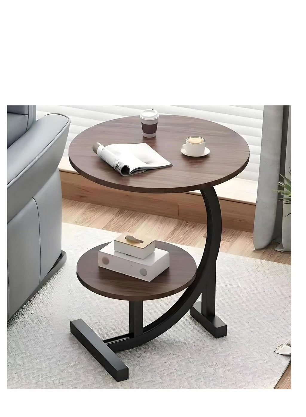 2-Tier C-Shaped Side Table – Wood Grain Top & Black Metal Frame