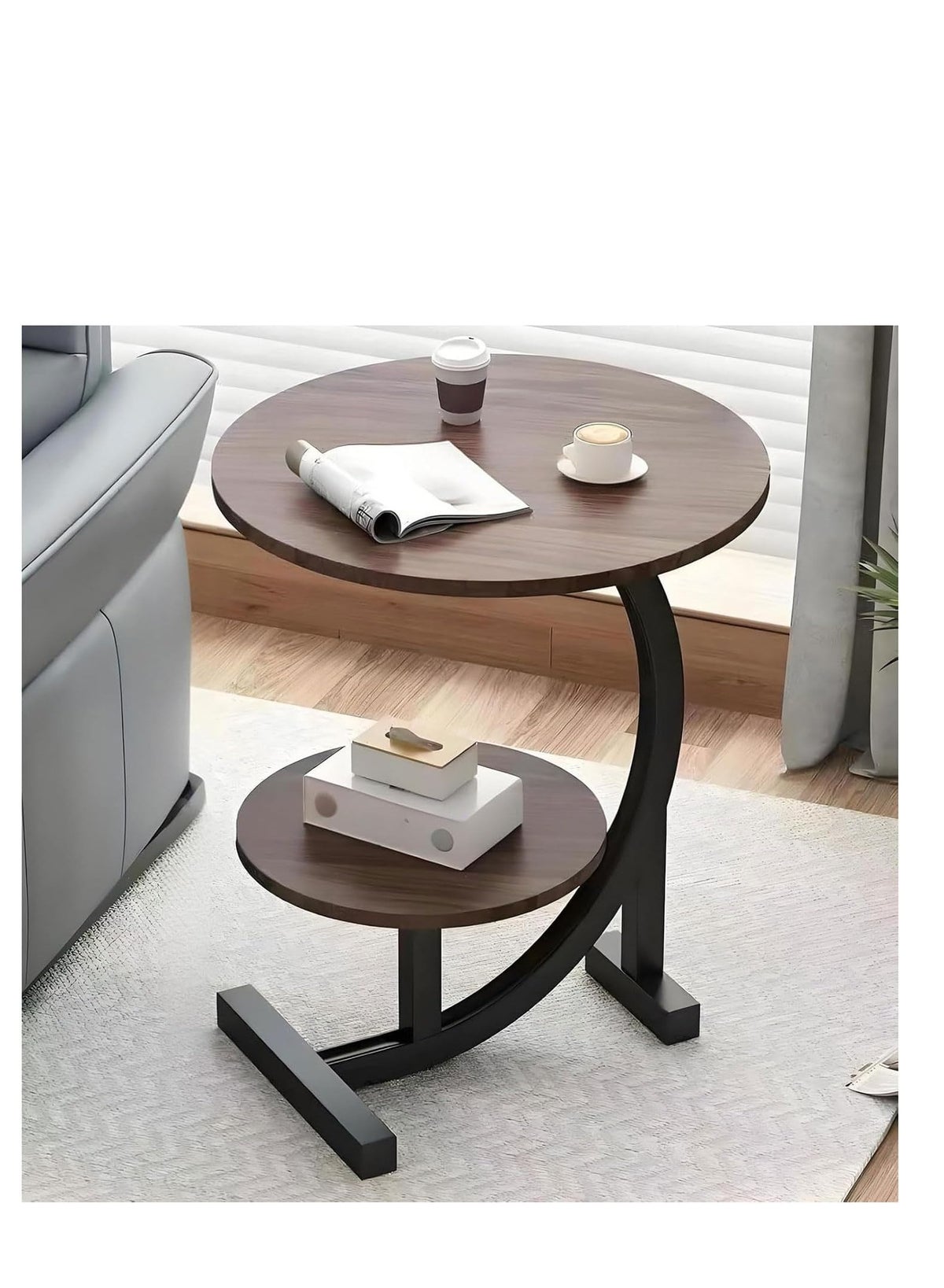 2-Tier C-Shaped Side Table – Wood Grain Top & Black Metal Frame