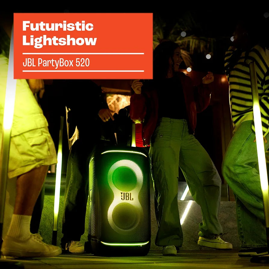 JBL PartyBox 520 400W Portable Party Speaker – AI Sound Boost, 15 Hours & Futuristic Lightshow