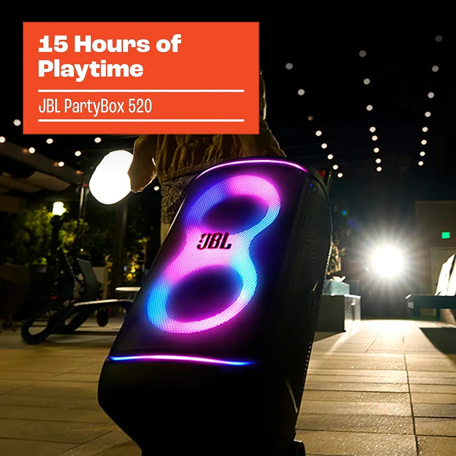 JBL PartyBox 520 400W Portable Party Speaker – AI Sound Boost, 15 Hours & Futuristic Lightshow