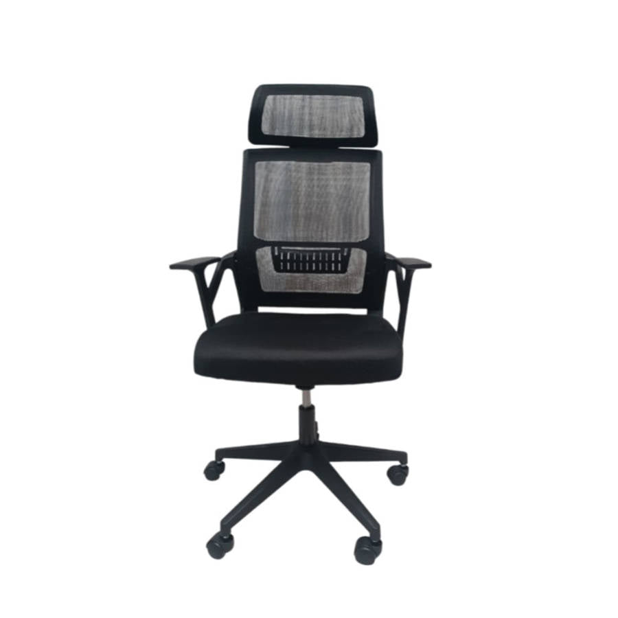 High Back Mesh Office Swivel Chair – Adjustable Headrest, Cushioned Fabric Seat & Nylon Base