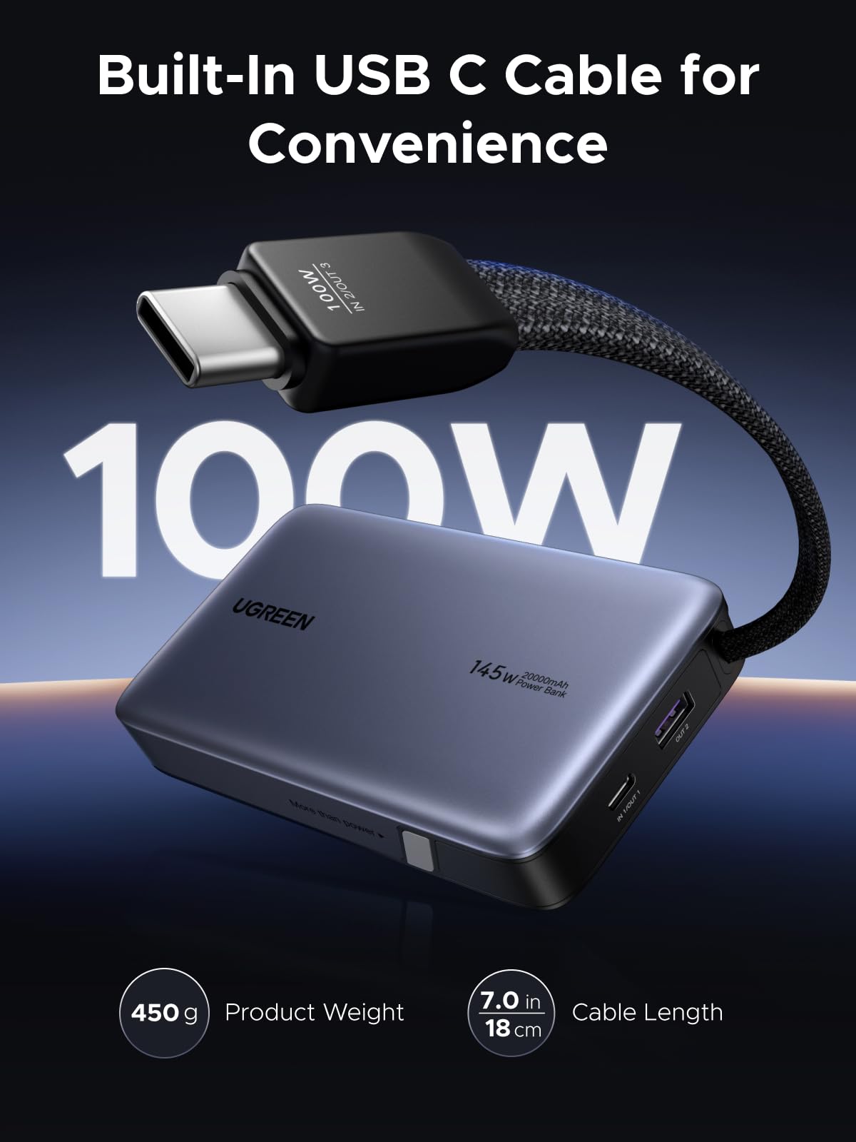 UGREEN Nexode 20000mAh 145W Power Bank – Built-In USB-C Cable, Laptop Charging & 72Wh Battery