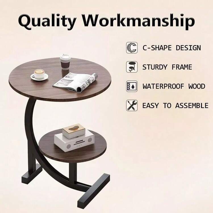 2-Tier C-Shaped Side Table – Wood Grain Top & Black Metal Frame