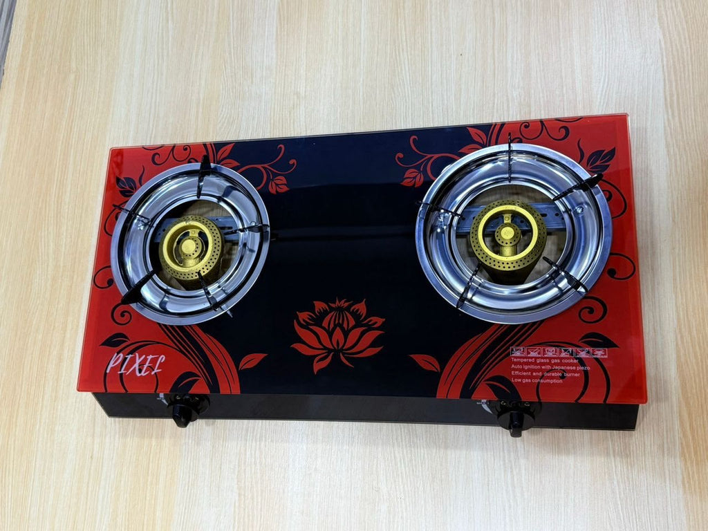 Pixel 2-Burner Gas Hot Plate – Tempered Glass with Automatic Ignition