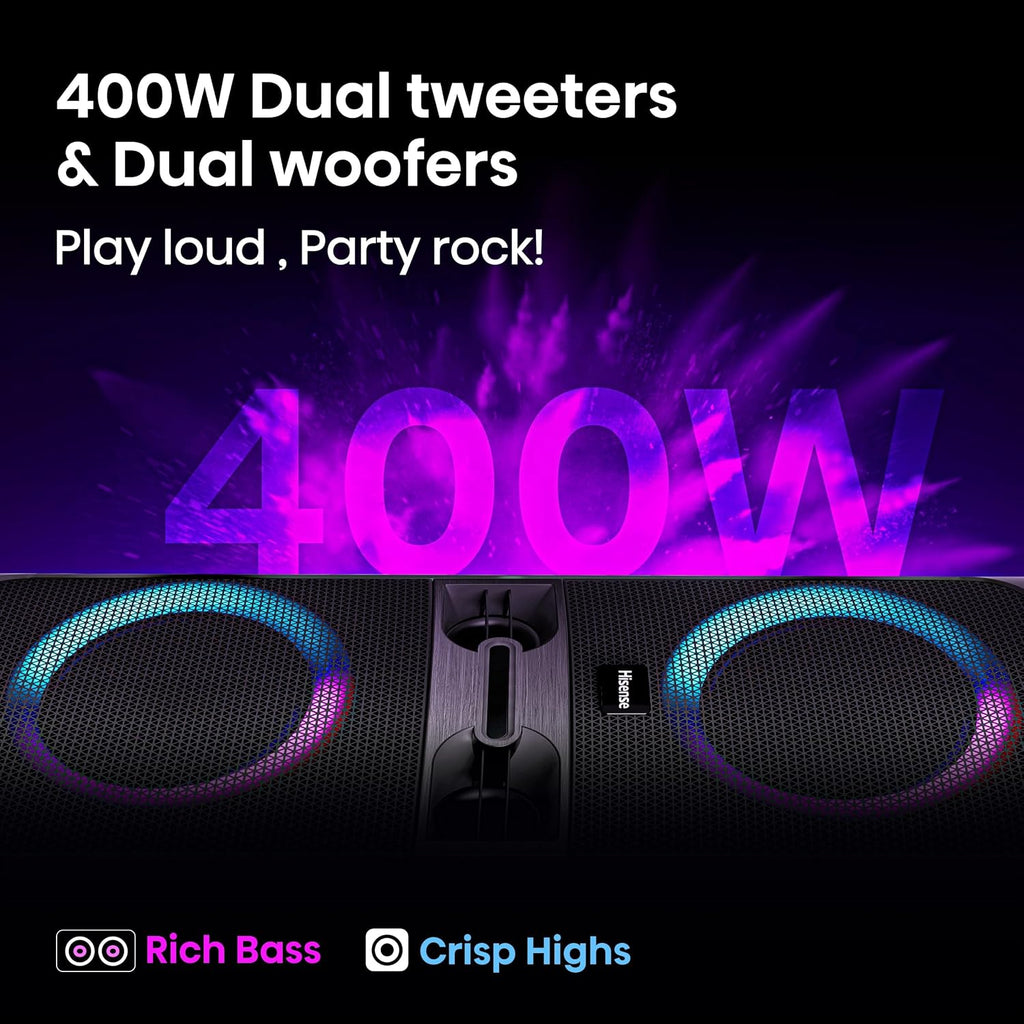 Hisense HP300 400W DJ Party Speaker – RGB Lights, Karaoke, Bass Boost & Bluetooth 5.0