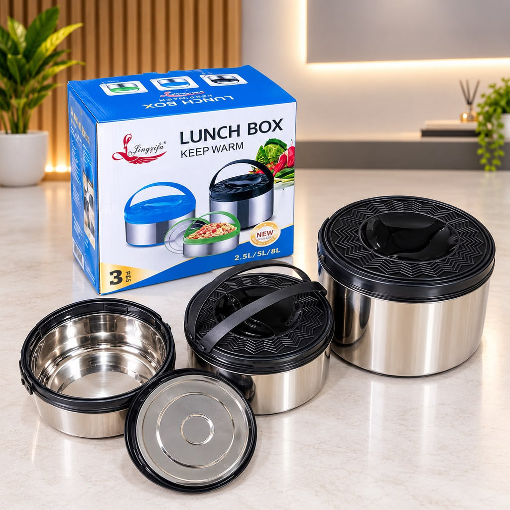 3-Piece 2.5L 5L 8L Insulated Stainless Steel Casserole Set – Hot Pot Food Warmer | Black, Green & Blue