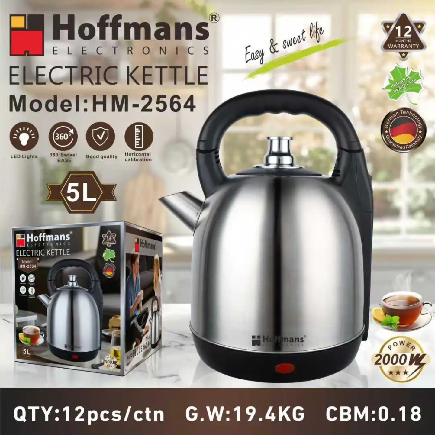 Hoffmans 5L Electric Kettle – Large Capacity Electric Water Boiler for Home, Office & Business