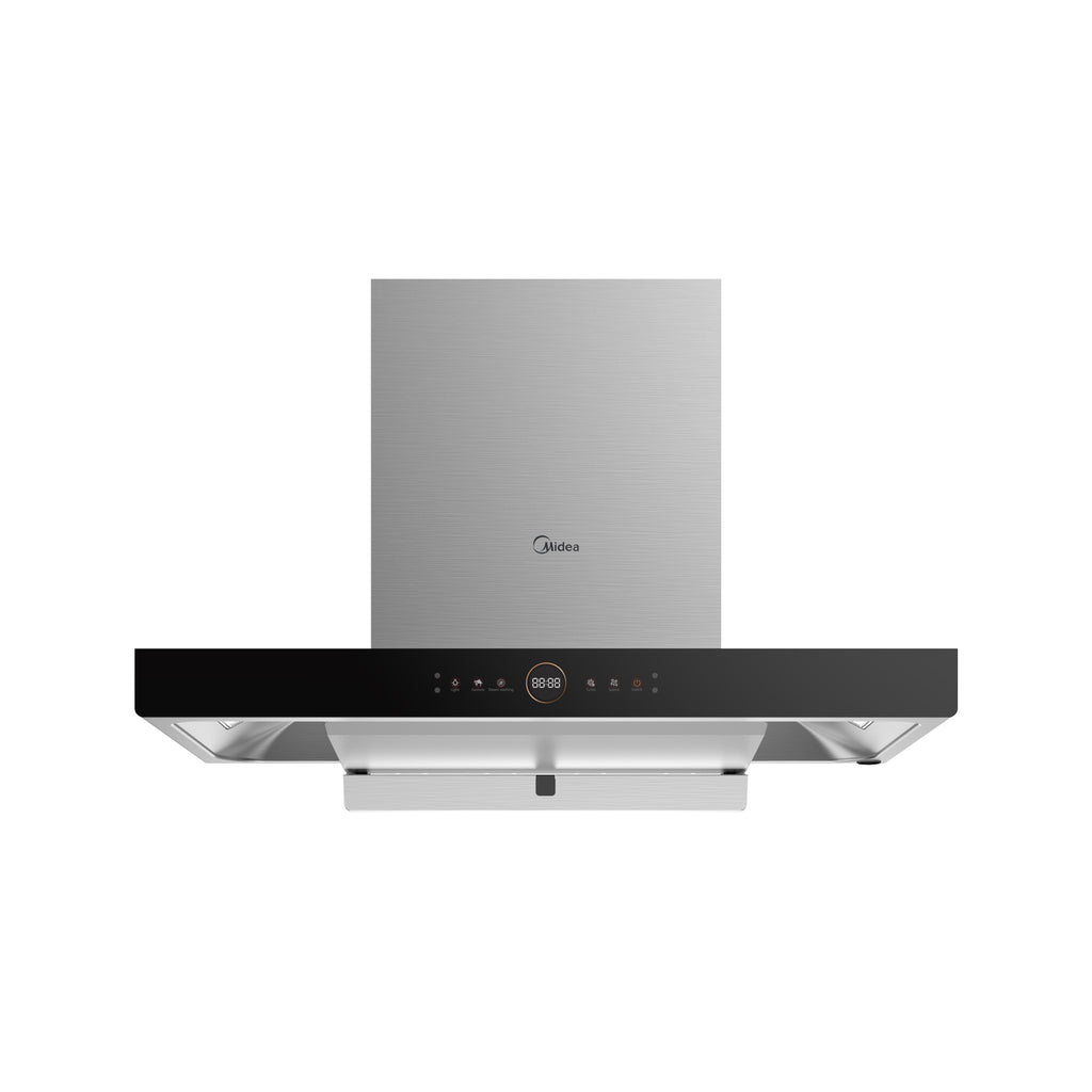 Midea 90cm Wall-Mounted T-Shaped Cooker Hood – Stainless Steel & Black Glass