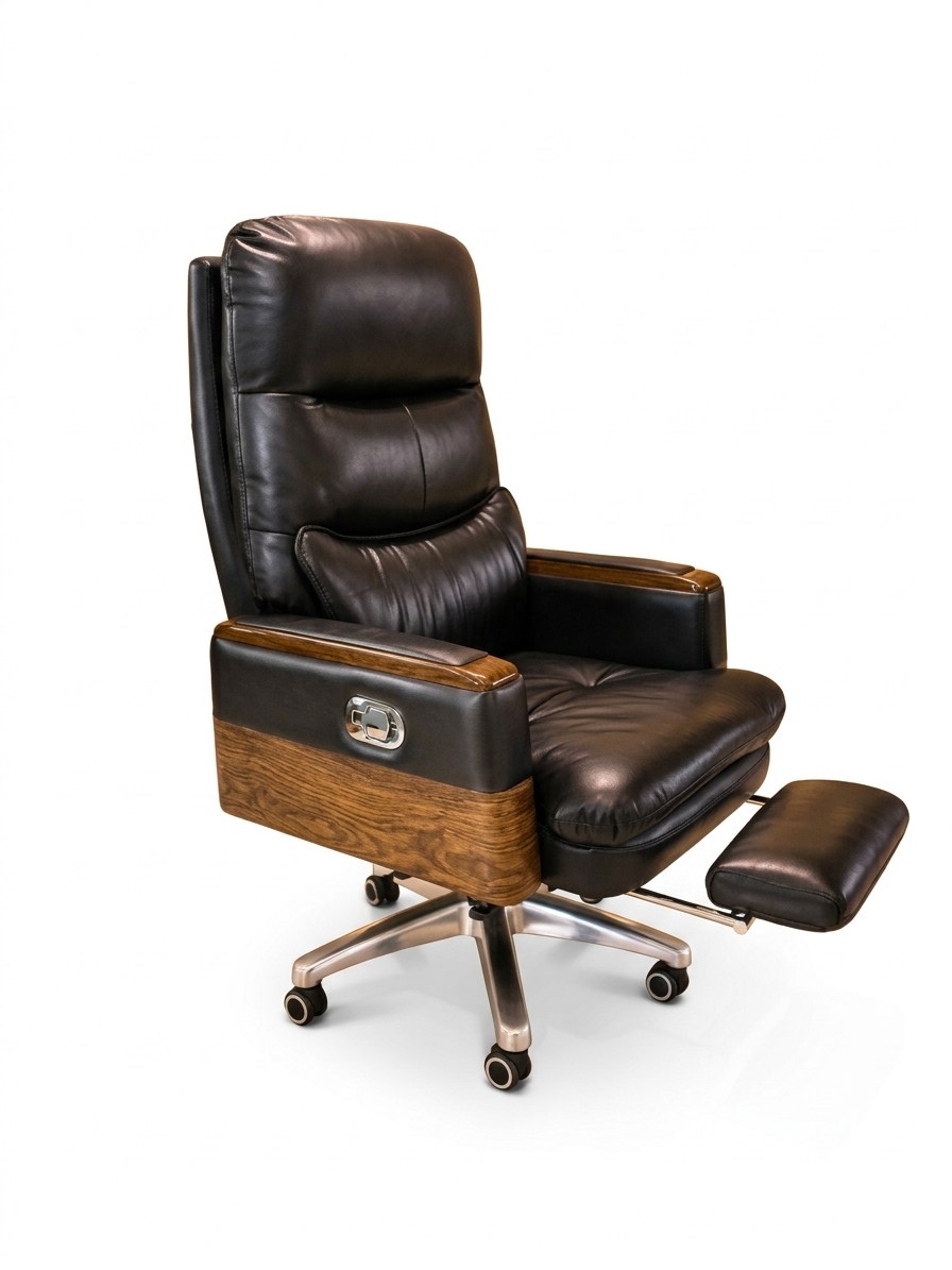 High-Back Black Leather Executive Office Chair – Wood-Grain Armrests & Polished Chrome Star Base