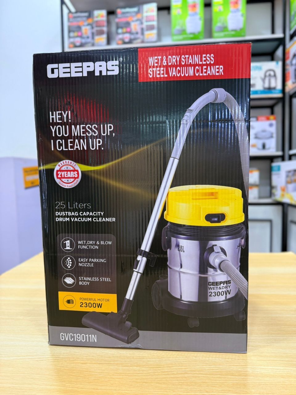 Geepas GVC19011N 25L Wet & Dry Vacuum Cleaner – 2300W, Stainless Steel Drum & Blow Function