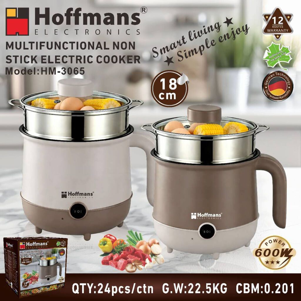 Hoffmans HM-3065 18cm 600W Multifunctional Non-Stick Electric Cooker – Steamer & Glass Lid