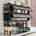 Black Double-Door Over-the-Sink Dish Drying Rack – 2-Tier Dustproof Kitchen Organizer