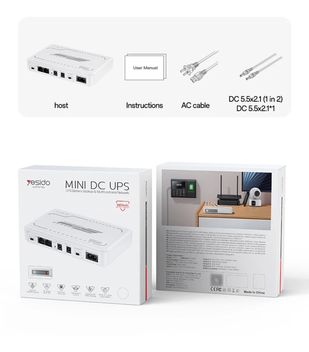 Yesido 8800mAh Mini DC UPS – Automatic Backup Power for Routers, Modems & CCTV