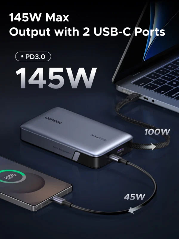 UGREEN Nexode 20000mAh 145W Power Bank – Built-In USB-C Cable, Laptop Charging & 72Wh Battery