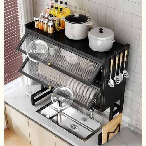 Black Double-Door Over-the-Sink Dish Drying Rack – 2-Tier Dustproof Kitchen Organizer
