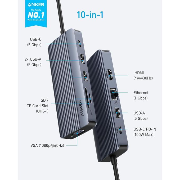 Anker 10-in-1 USB-C Hub – Dual Display, 4K HDMI, VGA & 100W PD