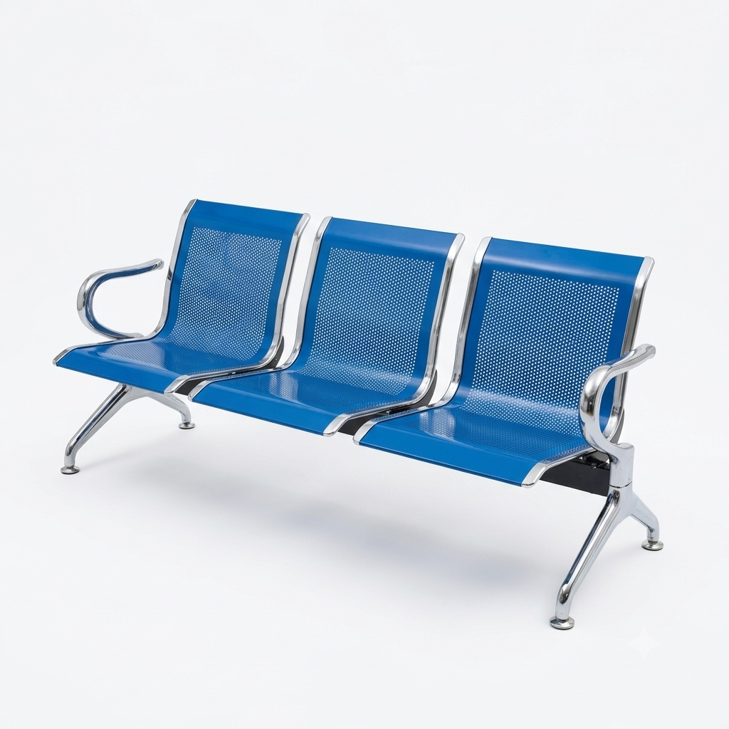 Genuine 3-Seater Blue Airport Waiting Chair – Perforated Metal & Chrome Finish