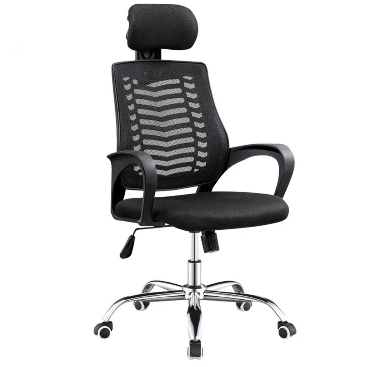 Black Ergonomic Mesh Office Desk Chair – Striped Mesh Back, Adjustable Headrest & Chrome Swivel Base