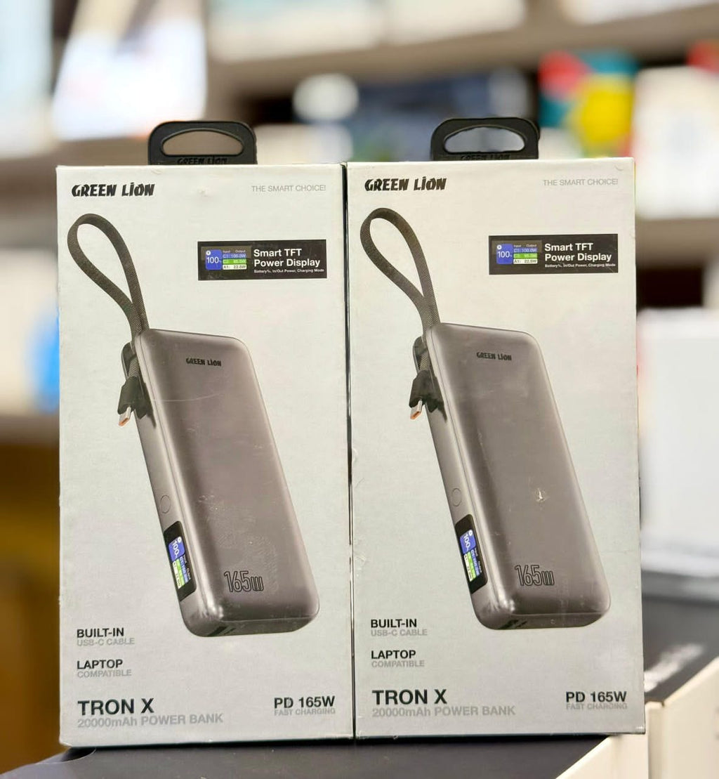 Green Lion Tron X 20000mAh 165W Power Bank – Built-In USB-C Cable, Laptop Charging & Smart TFT Display