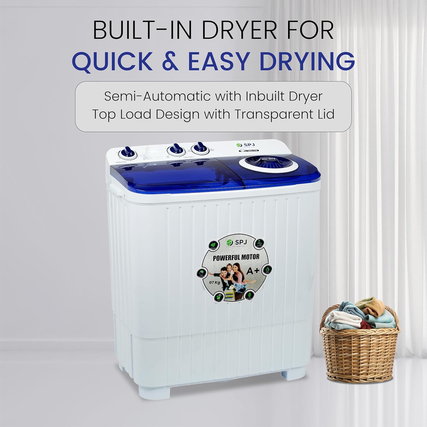 SPJ 7KG Twin Tub Washing Machine – Semi-Automatic Twin Tub Washer for Home Laundry