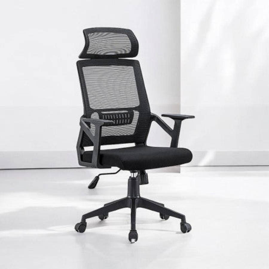 High Back Mesh Office Swivel Chair – Adjustable Headrest, Cushioned Fabric Seat & Nylon Base
