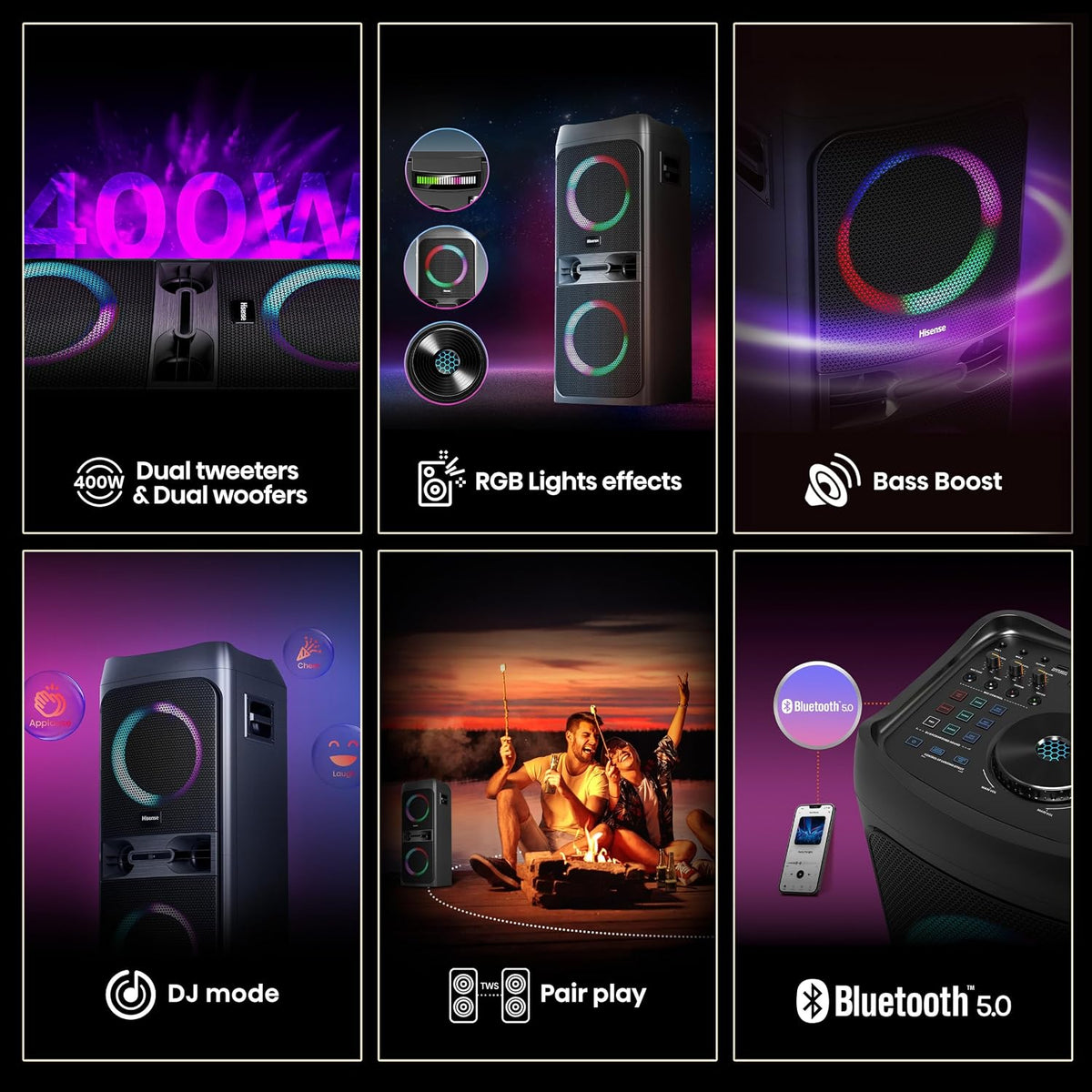 Hisense HP300 400W DJ Party Speaker – RGB Lights, Karaoke, Bass Boost & Bluetooth 5.0