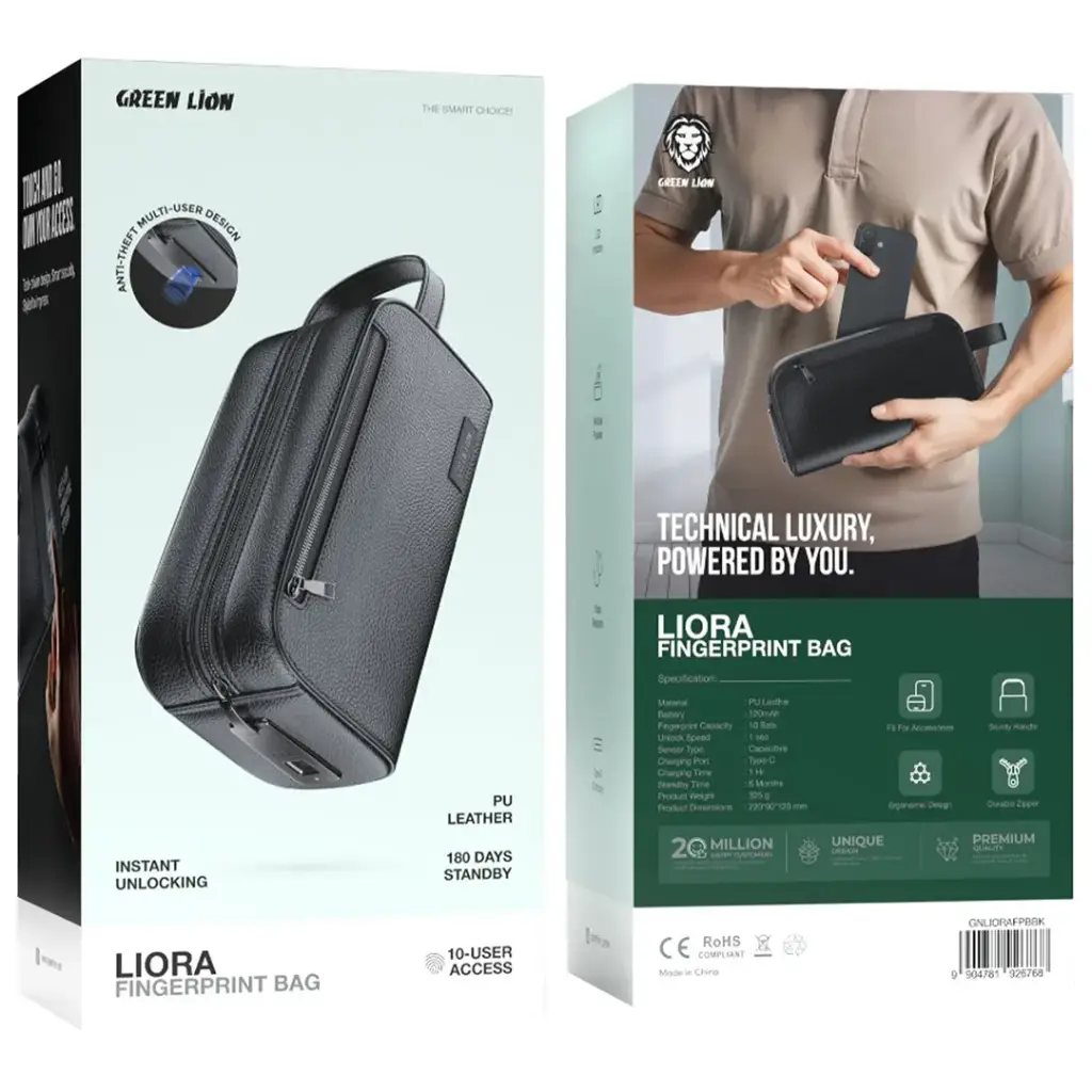 Green Lion Liora Fingerprint Bag – Smart Anti-Theft PU Leather Bag with 10-Fingerprint Access