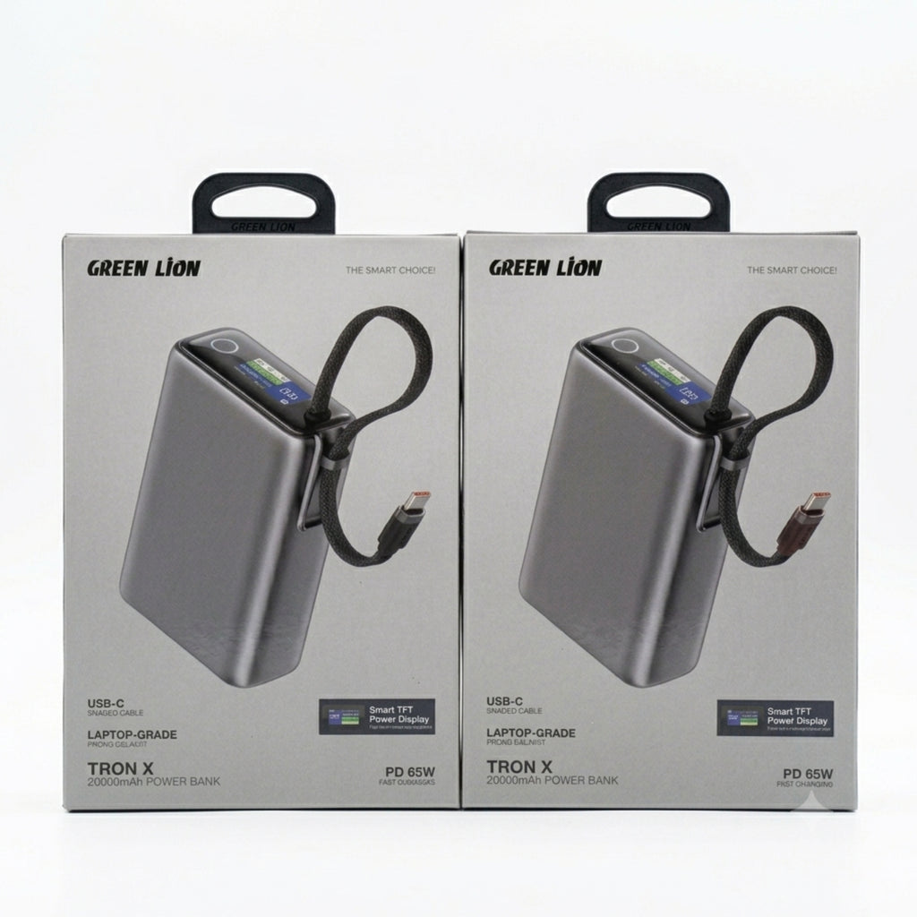 Green Lion Tron X 20000mAh 65W Power Bank – Built-In USB-C Cable, Smart TFT Display & Laptop Charging