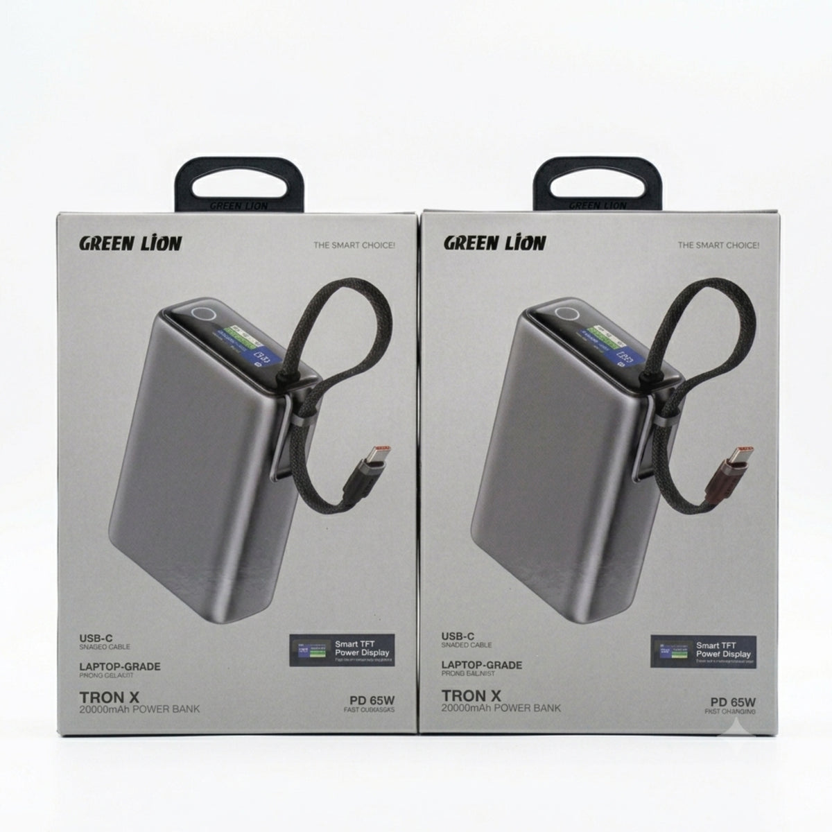 Green Lion Tron X 20000mAh 65W Power Bank – Built-In USB-C Cable, Smart TFT Display & Laptop Charging