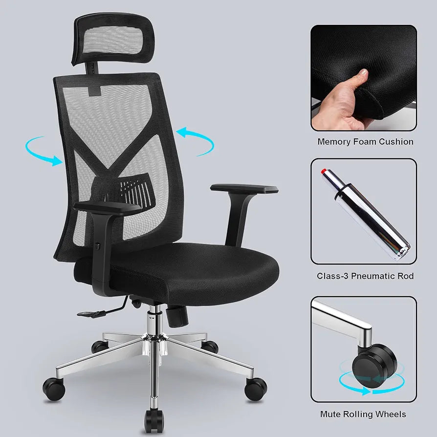 High Back Ergonomic Office Chair – Adjustable Lumbar Support, 3D Armrests & Headrest
