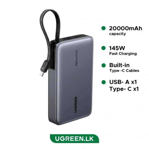 UGREEN Nexode 20000mAh 145W Power Bank – Built-In USB-C Cable, Laptop Charging & 72Wh Battery
