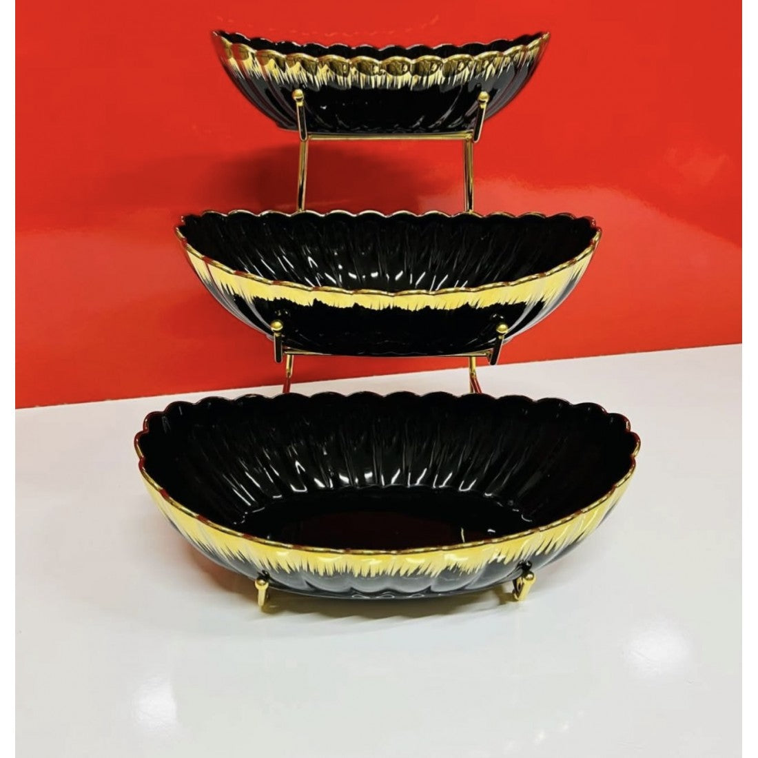3-Tier Ceramic Fruit Bowl/ Salad bowl with Elegant Gold Stand – Stylish Storage & Serving Solution
