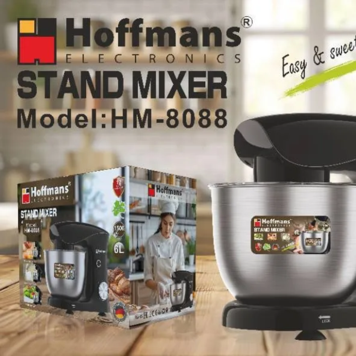 Hoffmans 8088 3-in-1 6L Stand Mixer, Dough Mixer & Food Processor – Black/Cream