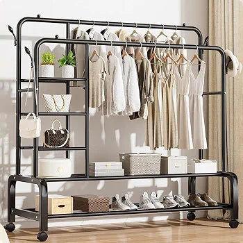 Multipurpose Heavy-Duty Double-Rail Garment Rack – Shelves, Side Hooks & Rolling Wheels
