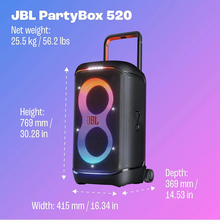 JBL PartyBox 520 400W Portable Party Speaker – AI Sound Boost, 15 Hours & Futuristic Lightshow