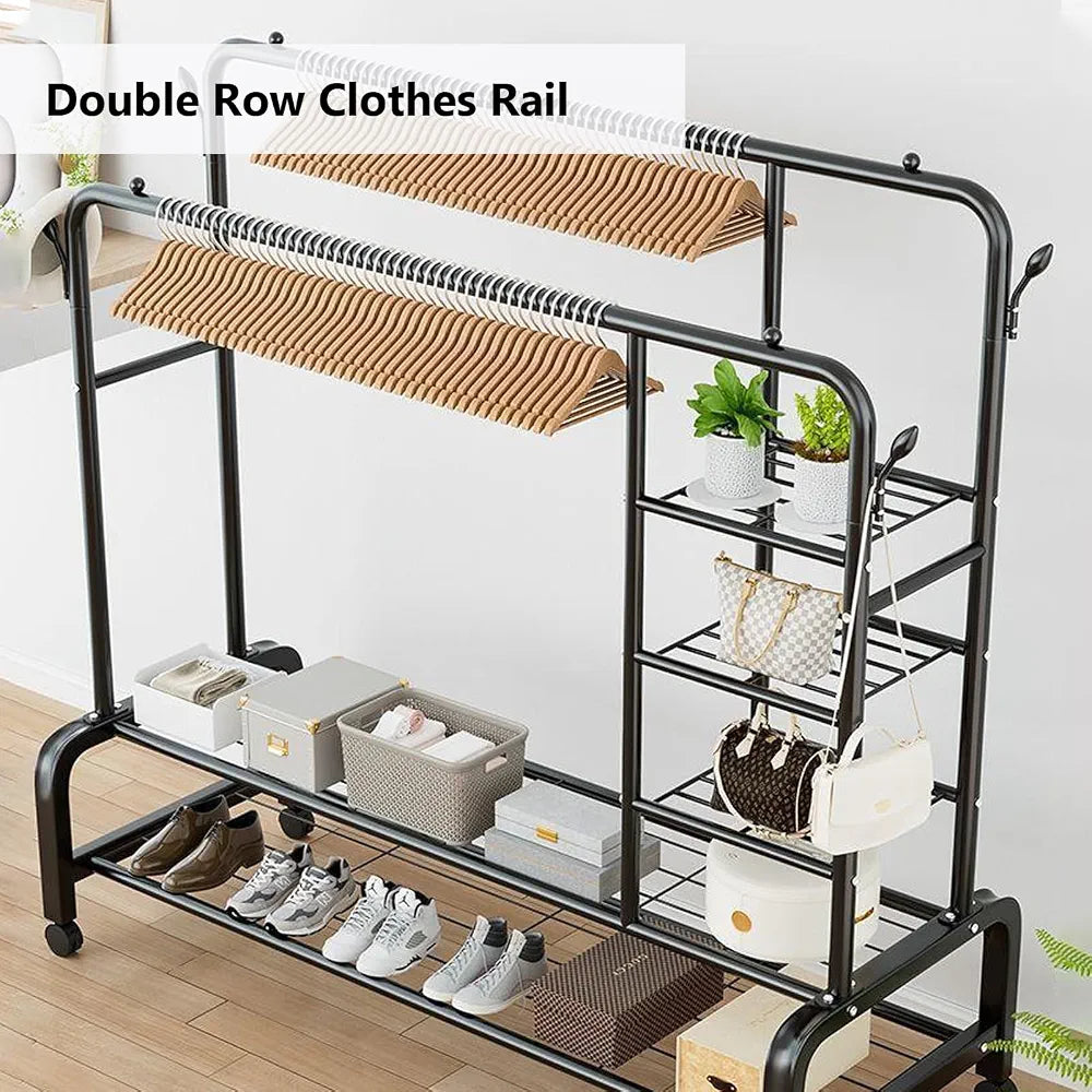 Multipurpose Heavy-Duty Double-Rail Garment Rack – Shelves, Side Hooks & Rolling Wheels