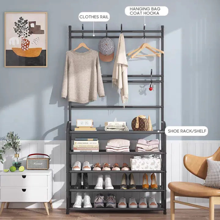Multi-Tier Shoe Rack & Modern Standing Garment Rack – 5-Shelf Coat Organizer with Bottom Storage (Stainless Steel, 60 x 26 x 172 cm)